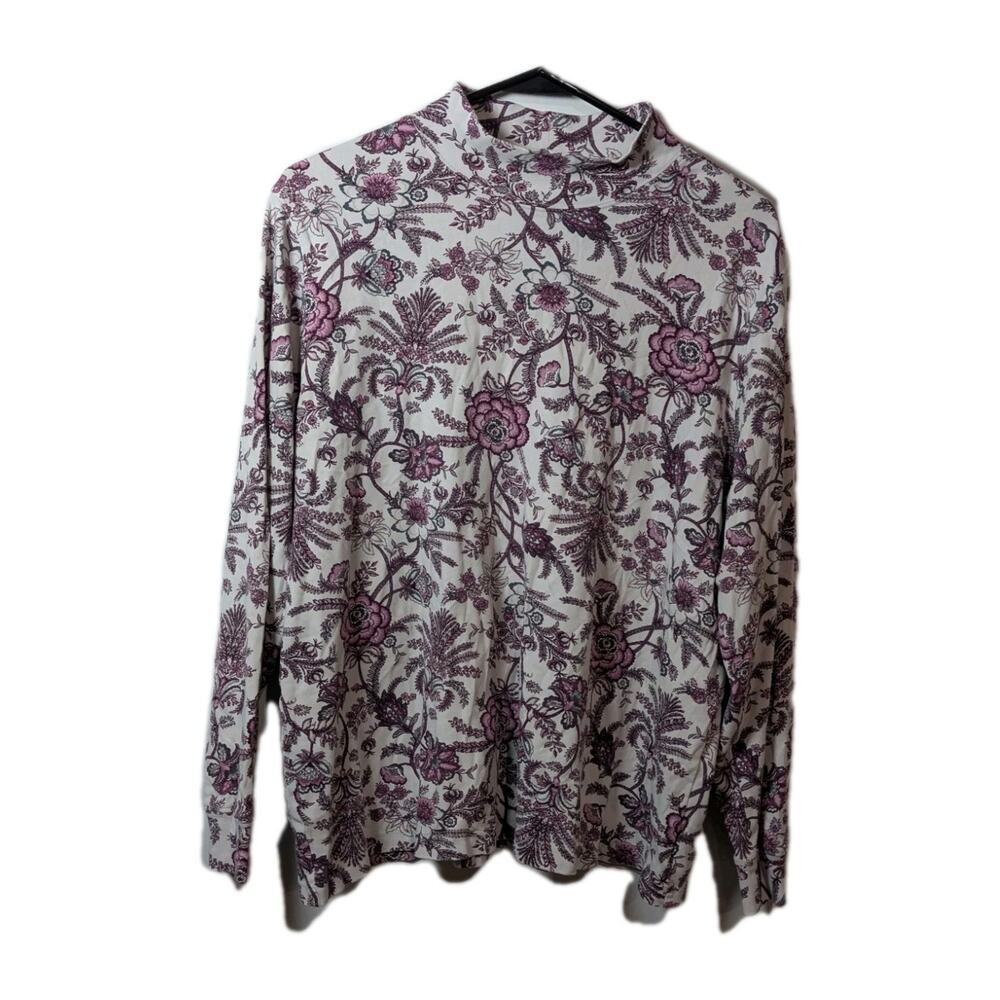Lands' End Turtleneck Multicolor Floral Long Sleeve 100% Cotton top Women's XL